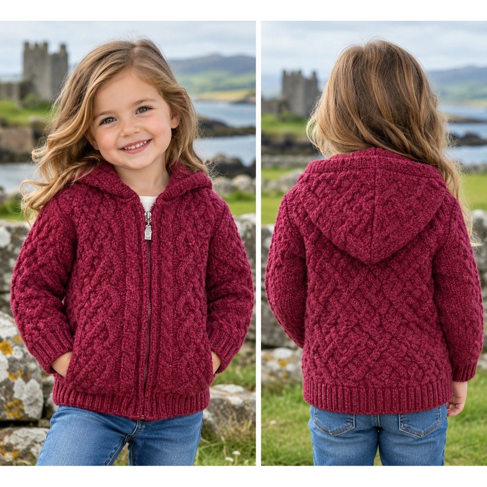 Blarney Woollen Mills Ireland Kids 3-4 Cable Knit Hooded Zip Sweater Burgundy